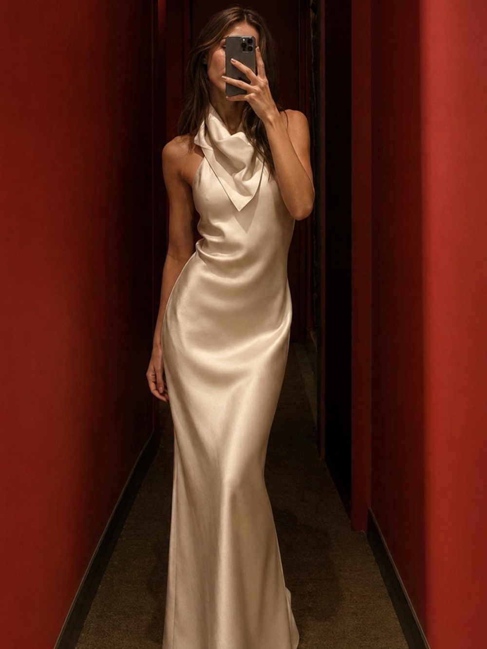 NWT Zara Satin Effect Scarf Halter-neck Long Dress in Cream Ivory